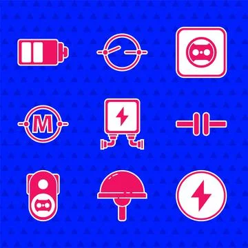 Set Electric transformer, Light emitting diode, Lightning bolt, circuit scheme Ilustração Stock