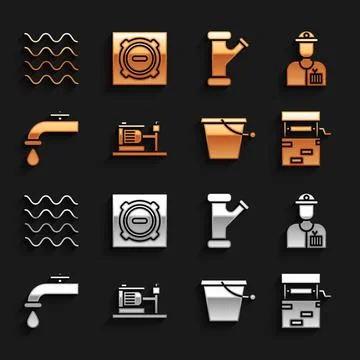 Set Electric water pump, Plumber, Well, Bucket, Water tap, Industry metallic Illustration