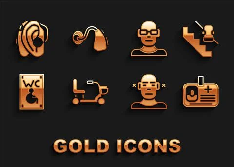 Set Electric wheelchair, Disabled elevator, Identification badge, Deaf Illustrazione stock