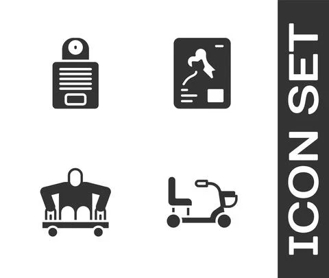 Set Electric wheelchair, Intercom, Man without legs sitting and X-ray shots icon Illustrazione stock