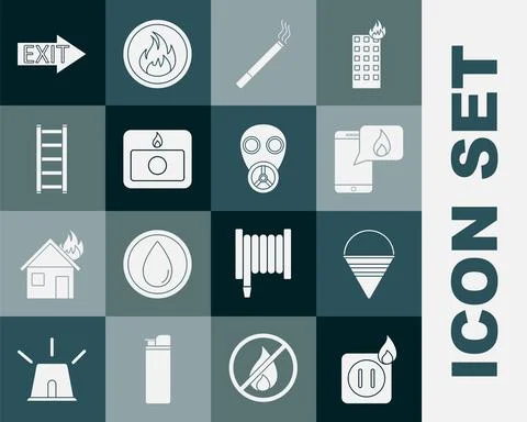 Set Electric wiring of socket in fire, Fire cone bucket, Phone with emergency Stock Illustration