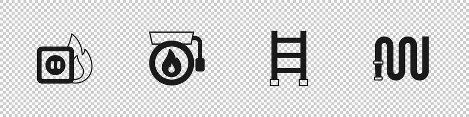 Set Electric wiring of socket in fire, Ringing alarm bell, Fire escape and hose Stock Illustration