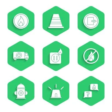 Set Electric wiring of socket in fire, Flasher siren, Phone with emergency call Stock Illustration