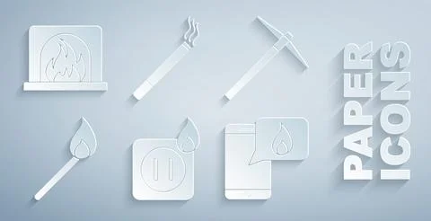 Set Electric wiring of socket in fire, Pickaxe, Burning match with, Phone Stock Illustration