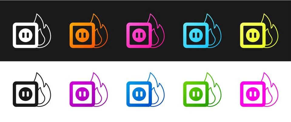 Set Electric wiring of socket in fire icon isolated on black and white イラスト素材