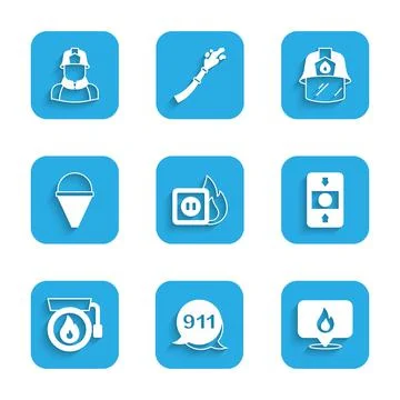 Set Electric wiring of socket in fire, Emergency call 911, Location with flame Stock Illustration