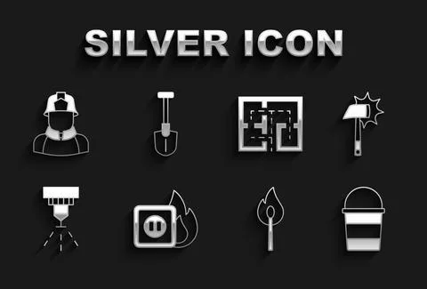 Set Electric wiring of socket in fire, Firefighter axe, bucket, Burning match Stock Illustration