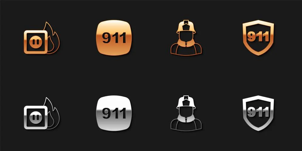 Set Electric wiring of socket in fire, Emergency call 911, Firefighter and icon Stock Illustration