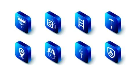 Set Electric wiring of socket in fire, Fire escape, Firefighter axe, protection Stock Illustration