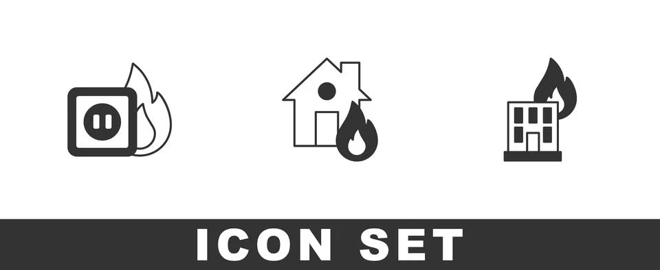Set Electric wiring of socket in fire, Fire burning house and building icon Stock Illustration