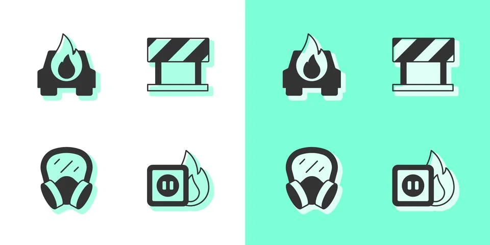 Set Electric wiring of socket in fire, Burning car, Gas mask and Road barrier Stock Illustration