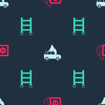 Set Electric wiring of socket in fire, Burning car and Fire escape on seaml.. Stock Illustration
