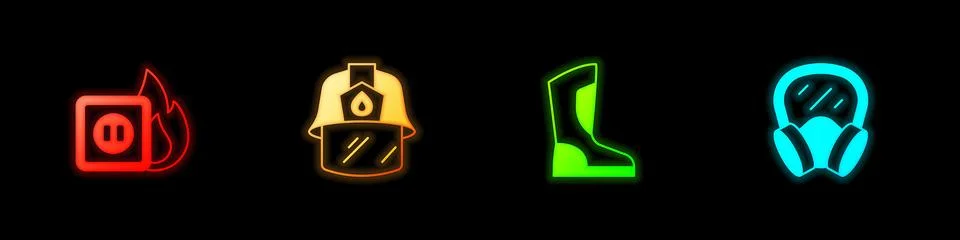 Set Electric wiring of socket in fire, Firefighter helmet, boots and Gas ma.. Stock Illustration