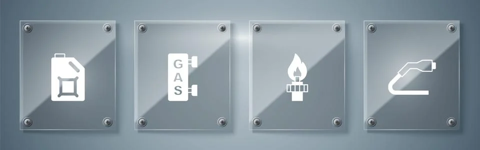 Set Electrical cable plug charging, Oil rig with fire, Gas filling station and Stock Illustration