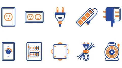 Set of electrical icons featuring outlets cables and power equipment, elect.. Stock Illustration