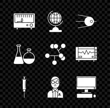 Set Electrical measuring instruments, Earth globe, Satellite, Syringe, Scie.. Illustrazione stock
