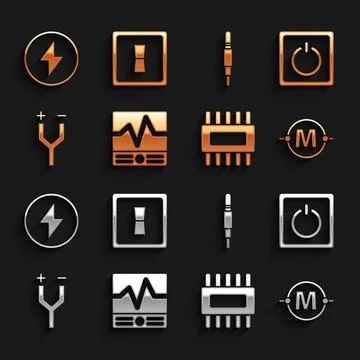 Set Electrical measuring instruments, light switch, circuit scheme, Processor Ilustração Stock