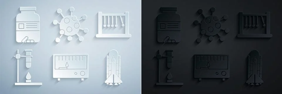 Set Electrical measuring instruments, Pendulum, Glass test tube flask on fire Illustrazione stock