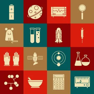 Set Electrical measuring instruments, Test tube and flask chemical laboratory Illustrazione stock