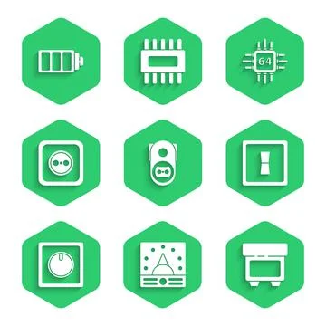Set Electrical outlet, Ampere meter, multimeter, voltmeter, Fuse, light switch Stock Illustration