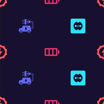 Set Electrical outlet, car, Battery and Lightning bolt on seamless pattern... Stock Illustration