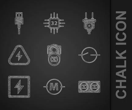 Set Electrical outlet, circuit scheme, Lightning bolt, High voltage, plug and Ilustração Stock