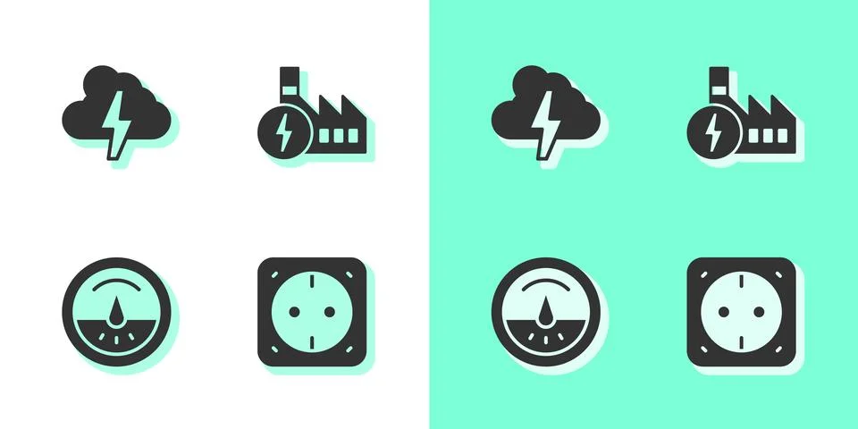 Set Electrical outlet, Cloud and lightning, meter and Nuclear power plant i.. Ilustração Stock