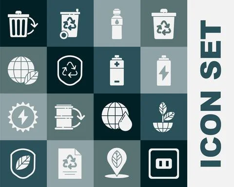 Set Electrical outlet, Earth globe and plant, Battery, Bottle of water, Recyc Stock Illustration