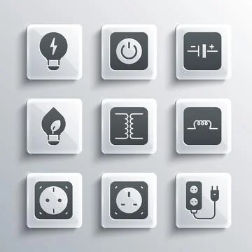 Set Electrical outlet, extension, Inductor in electronic circuit, transformer Stock Illustration
