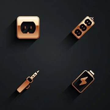 Set Electrical outlet, extension, Soldering iron and Battery charge icon with Illustration