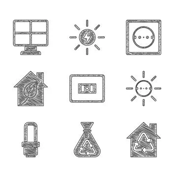 Set Electrical outlet, Garbage bag with recycle, Eco House recycling, Solar Ilustración de archivo