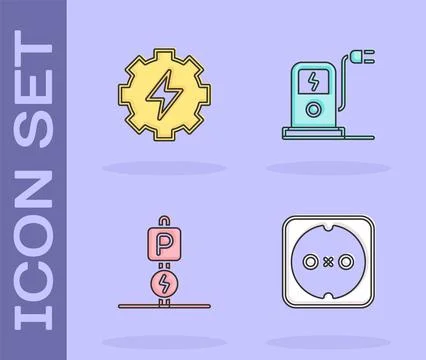Set Electrical outlet, Gear and lightning, Charging parking electric car an.. Stock Illustration