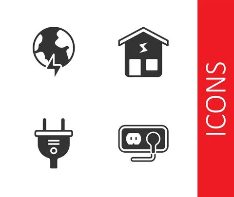 Set Electrical outlet, Global planet with thunderbolt, plug and Smart home icon Illustrazione stock
