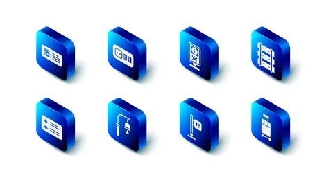 Set Electrical outlet, Information stand, Railway, railroad track, Suitcase Stock Illustration