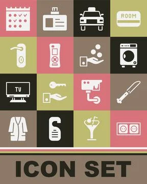 Set Electrical outlet, Knife, Washer, Taxi car, Remote control, Door handle Illustration