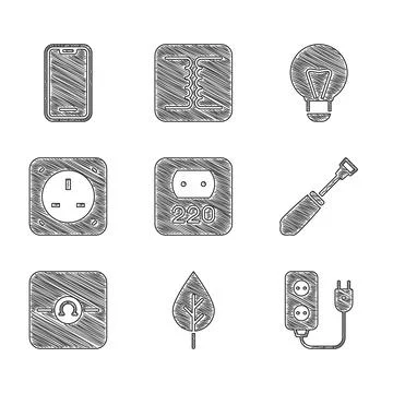 Set Electrical outlet, Leaf Eco symbol, extension, Screwdriver, Ohmmeter Stock Illustration