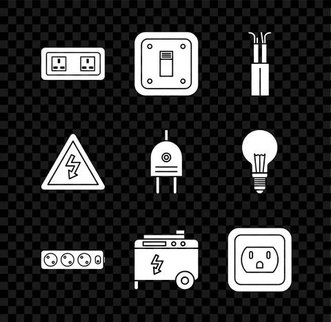 Set Electrical outlet, light switch, cable, extension cord, Portable power Stock Illustration