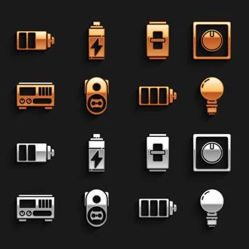 Set Electrical outlet, light switch, Light bulb with concept of idea, Battery Illustrazione stock