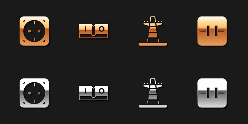 Set Electrical outlet, light switch, tower line and Electrolytic capacitor icon Illustrazione stock