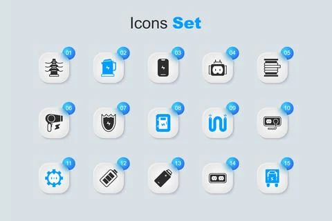 Set Electrical outlet, Lightning and shield, kettle, panel, tower line and .. Stock Illustration