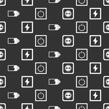 Set Electrical outlet, Lightning bolt, Battery charge level indicator and Illustrazione stock