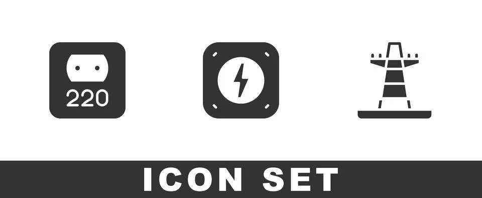 Set Electrical outlet, Lightning bolt and tower line icon. Vector Stock Illustration