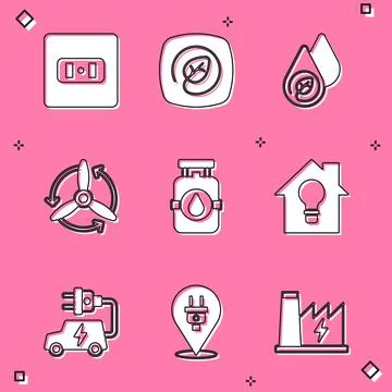 Set Electrical outlet, Location with leaf, Water energy, Wind turbine, Propane Stock Illustration
