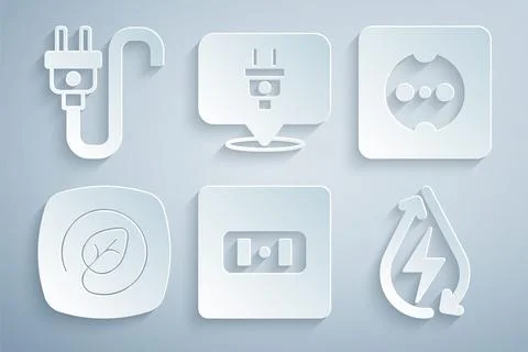 Set Electrical outlet, Location with leaf, Water energy, plug and icon. Vector Stock Illustration