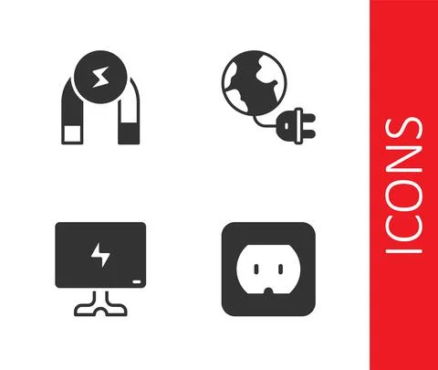 Set Electrical outlet, Magnet, Smart Tv and Global energy planet with plug icon Stock Illustration