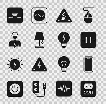 Set Electrical outlet Mobile phone Electrolytic capacitor High voltage Table  Stock Illustration