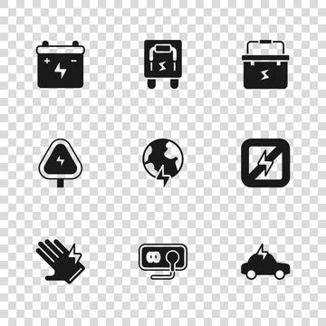 Set Electrical outlet, No lightning, car, Global planet with thunderbolt, T.. Stock Illustration