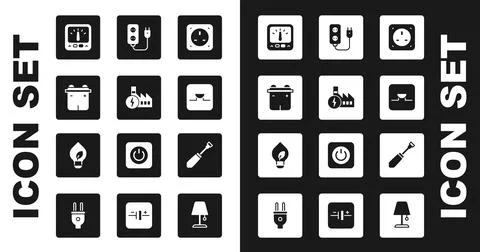 Set Electrical outlet, Nuclear power plant, Car battery, Ampere meter Illustrazione stock