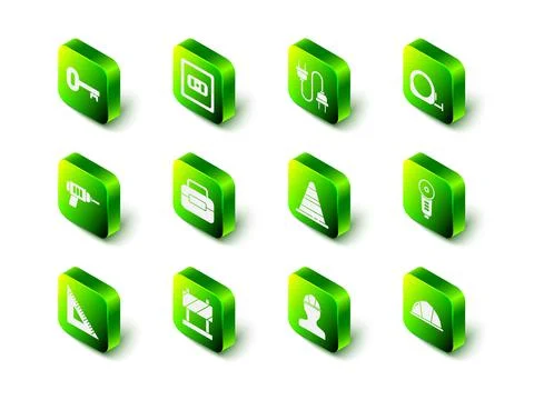 Set Electrical outlet, plug, Roulette construction, Angle grinder, Worker safety Stock Illustration