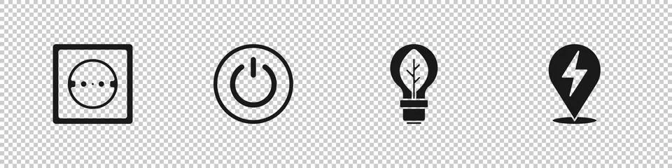 Set Electrical outlet, Power button, Light bulb with leaf and Lightning bolt Stock Illustration